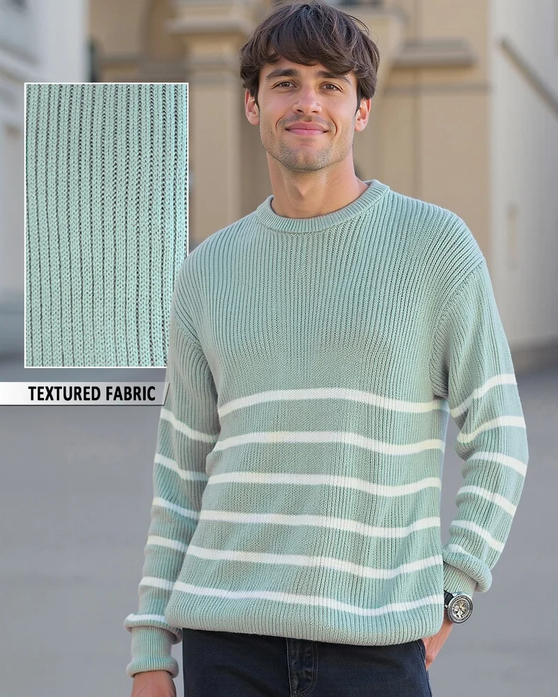 بيواكوف Men's Green & White Striped Super Loose Fit Sweater